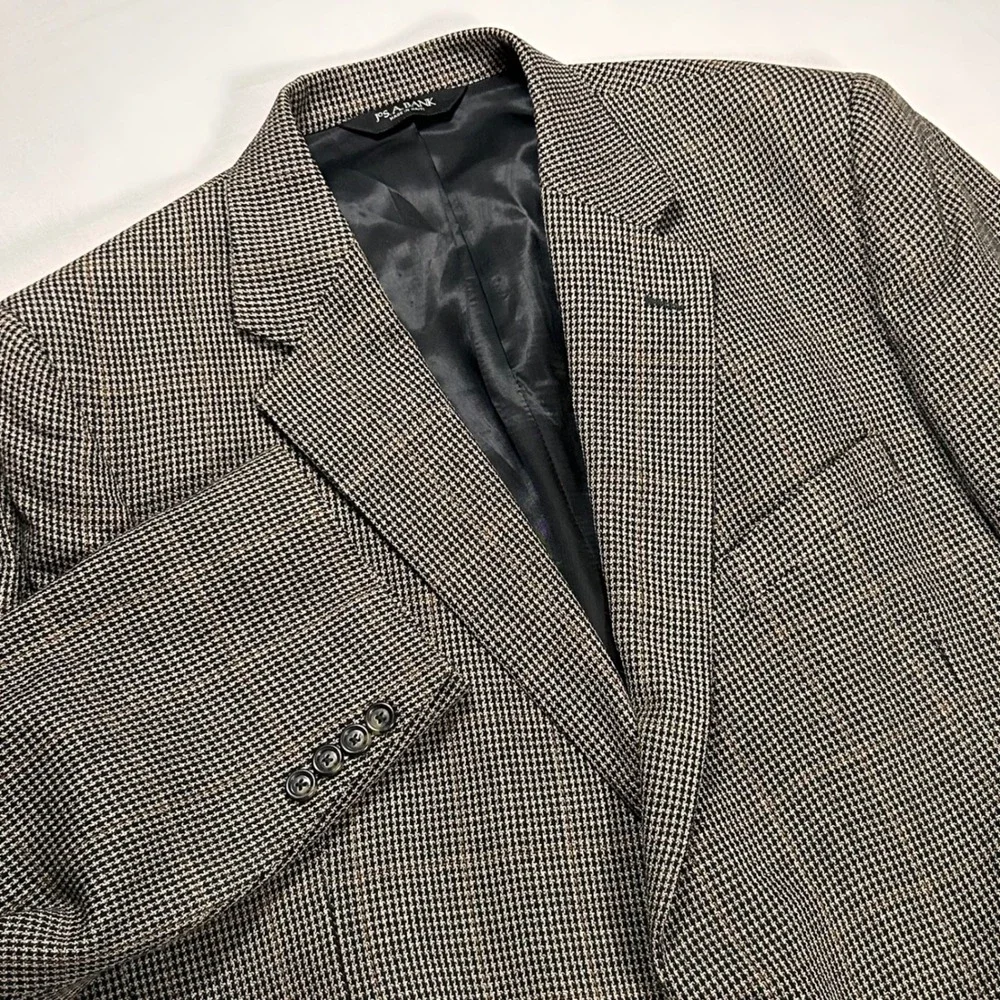 Jos A Bank Blazer Mens 46R Portly Silk Wool Houndstooth Sport Coat Brown Black‎